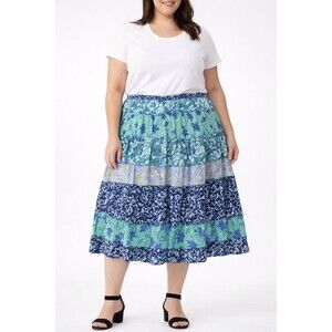 Jane Ashley Tiered Patchwork Floral Midi Skirt Blue Green Boho Cotton 1X